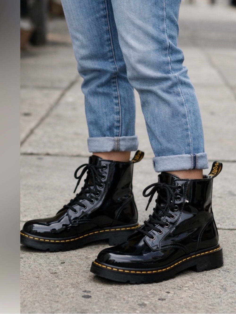 Dr Martens  Black Patent Leather Combat Boots Yellow Stitching Sz 6 #1460 YS